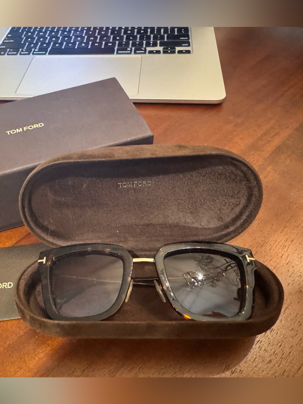 Tom Ford Men's Dark Brown Square Sunglasses with Gold Accents